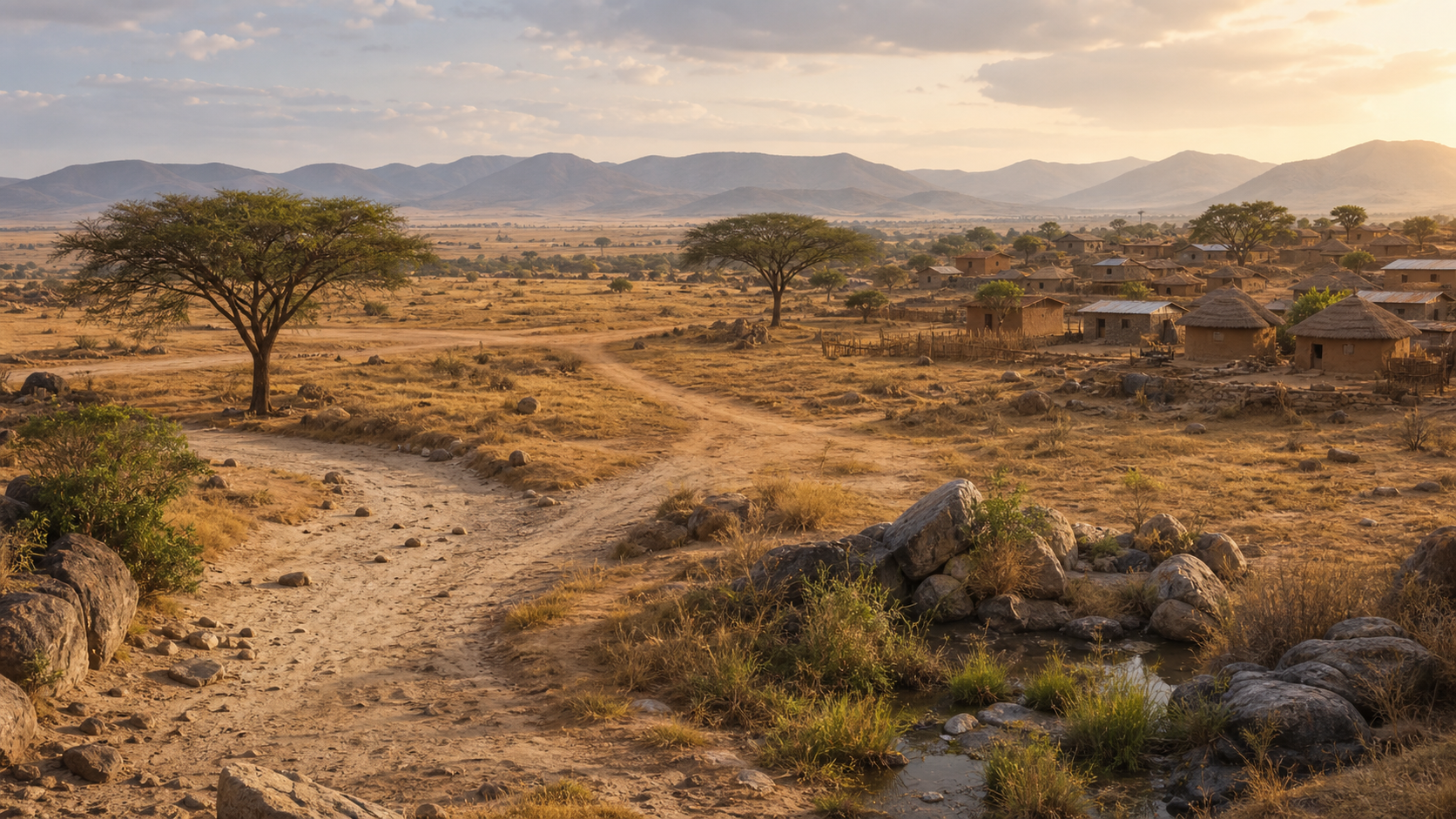 Realistic dry African savanna with mountains, acacia trees, rocks, a dry riverbed, a clean spring, and Village Kumbala